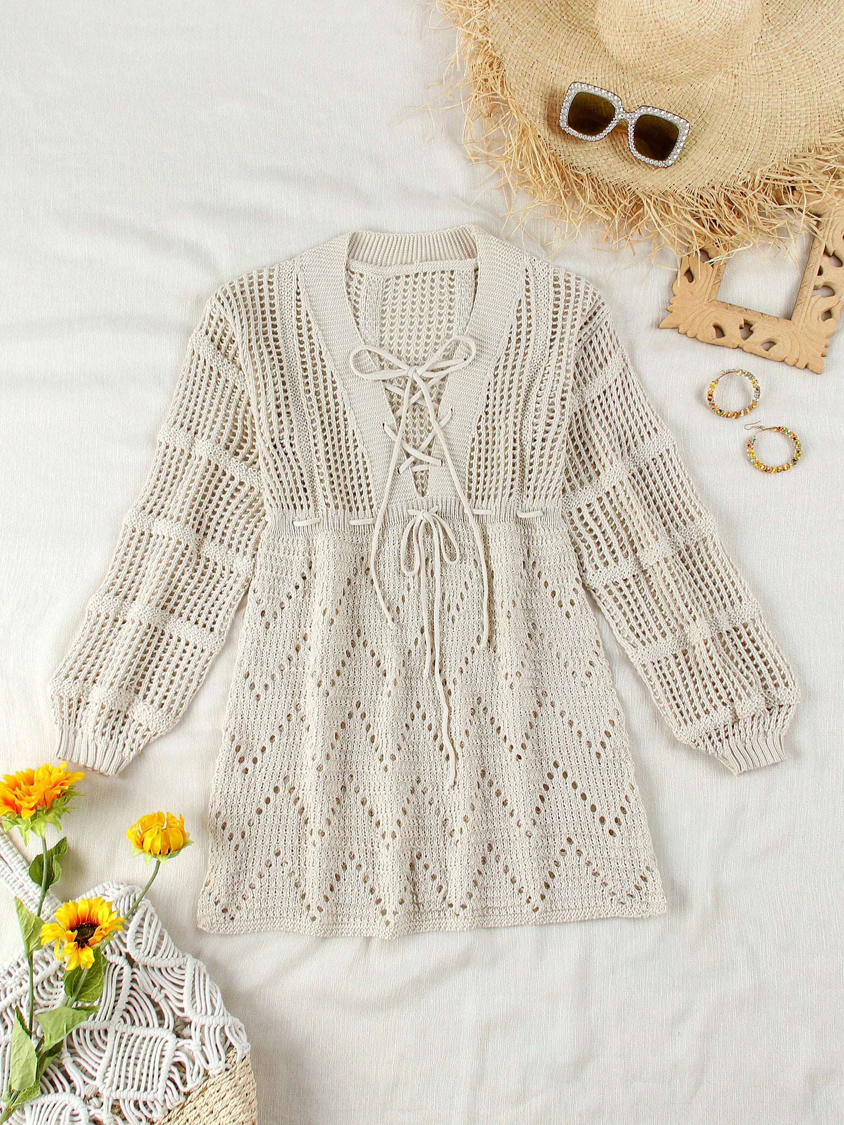 Cover up - Women's Beach Knit Cover-Up Lace-Up Beach Dress