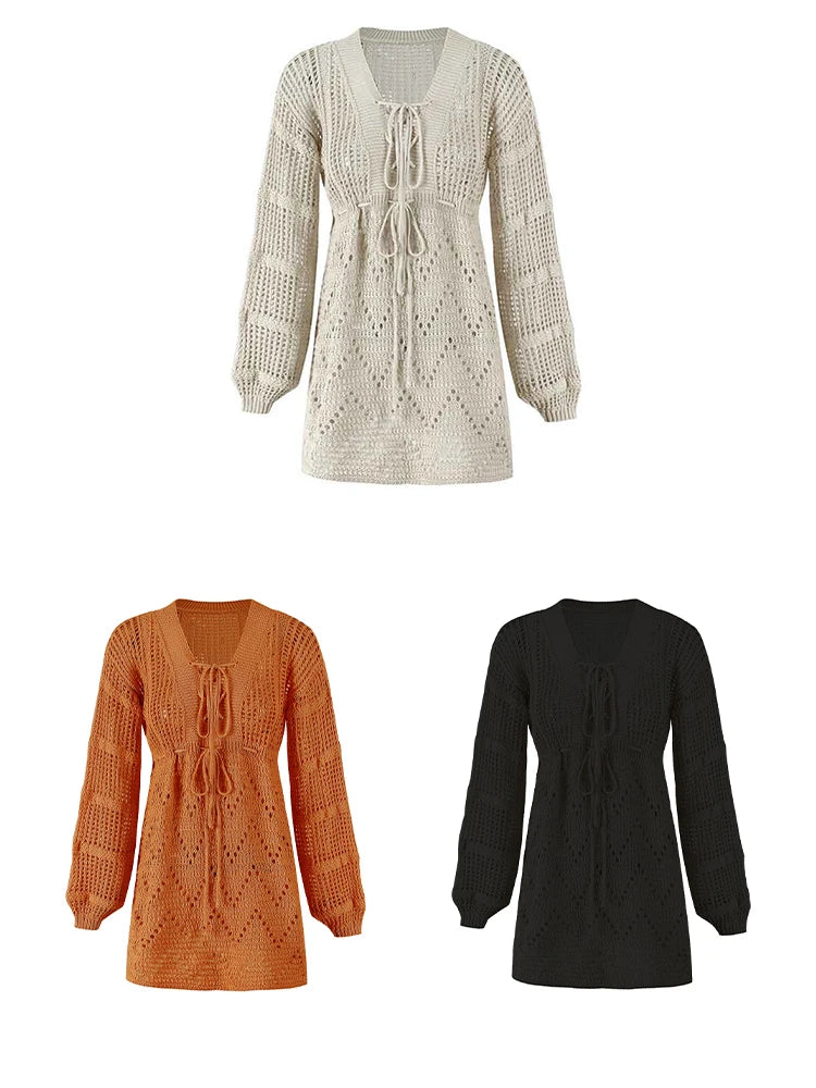 Cover up - Women's Beach Knit Cover-Up Lace-Up Beach Dress