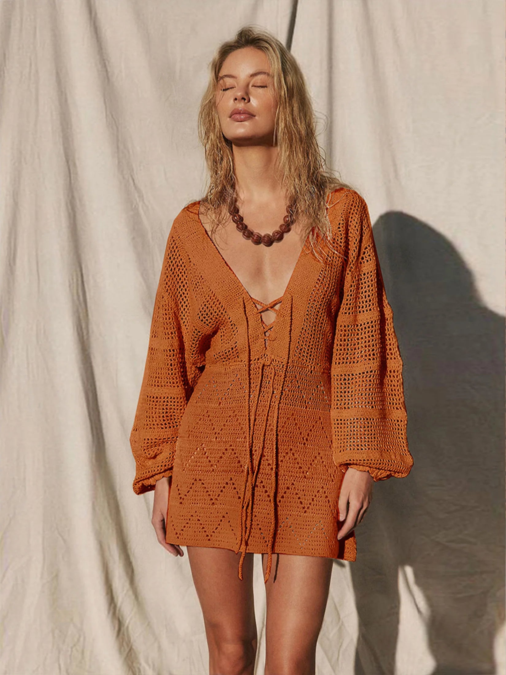 Cover up - Women's Beach Knit Cover-Up Lace-Up Beach Dress