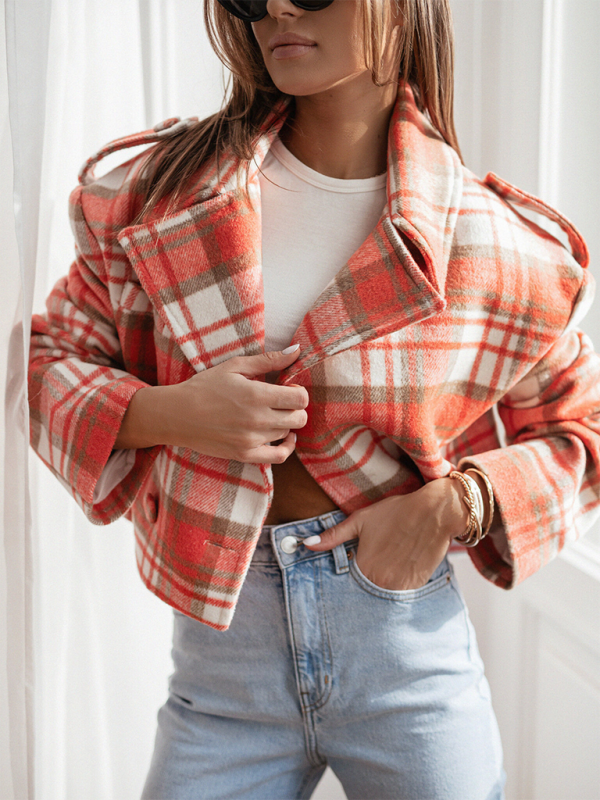 Crop Jackets- Plaid Crop Boxy Jacket with Notch Lapel for Women- Orange- Pekosa Women Fashion
