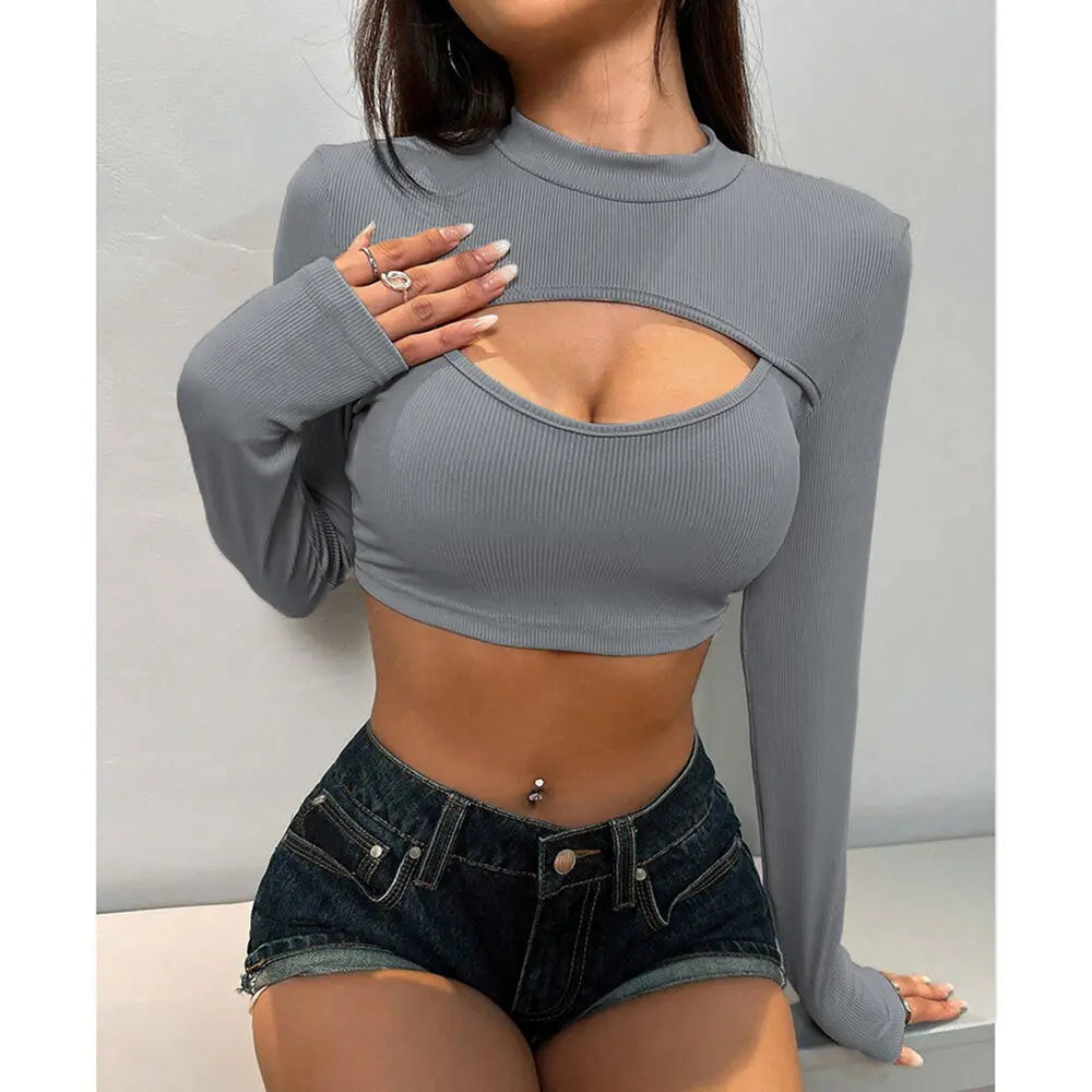 Crop Tops - Gray Cropped Top with Front Cutout for Casual Outings
