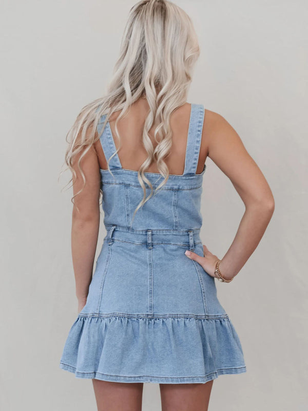 Denim Dresses - Denim Casual Ruffle Hem Dress for Everyday