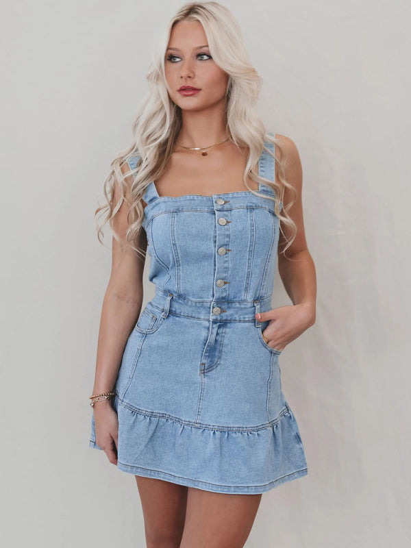 Denim Dresses - Denim Casual Ruffle Hem Dress for Everyday