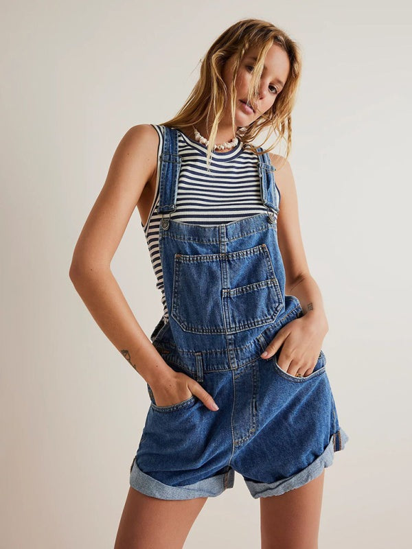 Denim Playsuit - Cotton Denim Playsuit with Folded Hem - Overalls