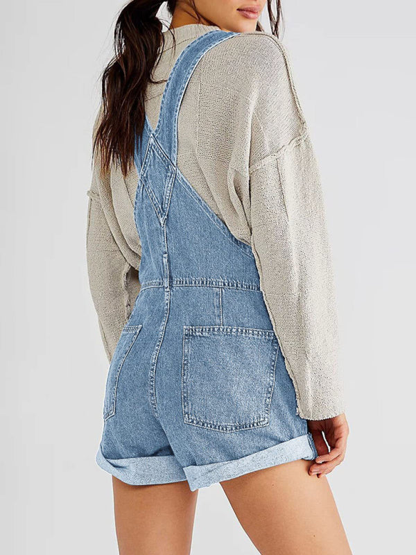 Denim Playsuit - Cotton Denim Playsuit with Folded Hem - Overalls