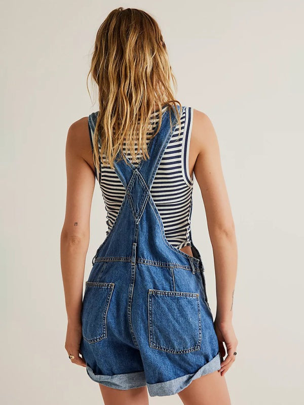 Denim Playsuit - Cotton Denim Playsuit with Folded Hem - Overalls