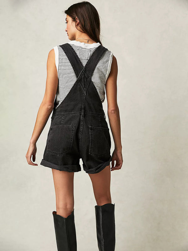 Denim Playsuit - Cotton Denim Playsuit with Folded Hem - Overalls