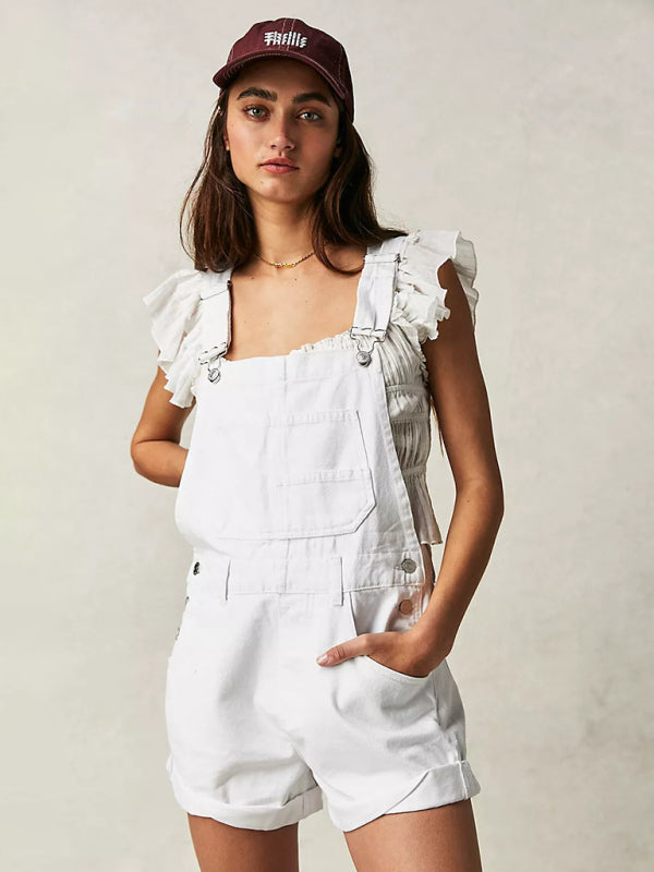 Denim Playsuit - Cotton Denim Playsuit with Folded Hem - Overalls