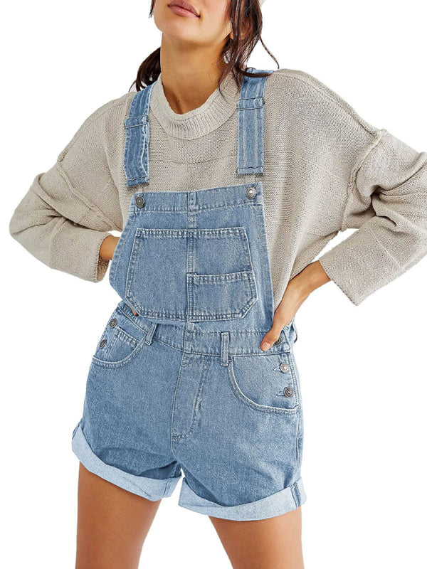 Denim Playsuit - Cotton Denim Playsuit with Folded Hem - Overalls