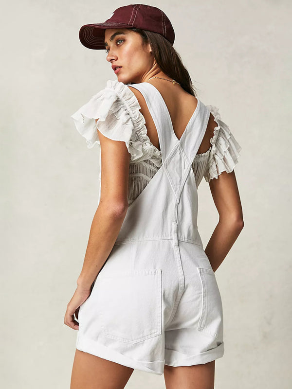 Denim Playsuit - Cotton Denim Playsuit with Folded Hem - Overalls