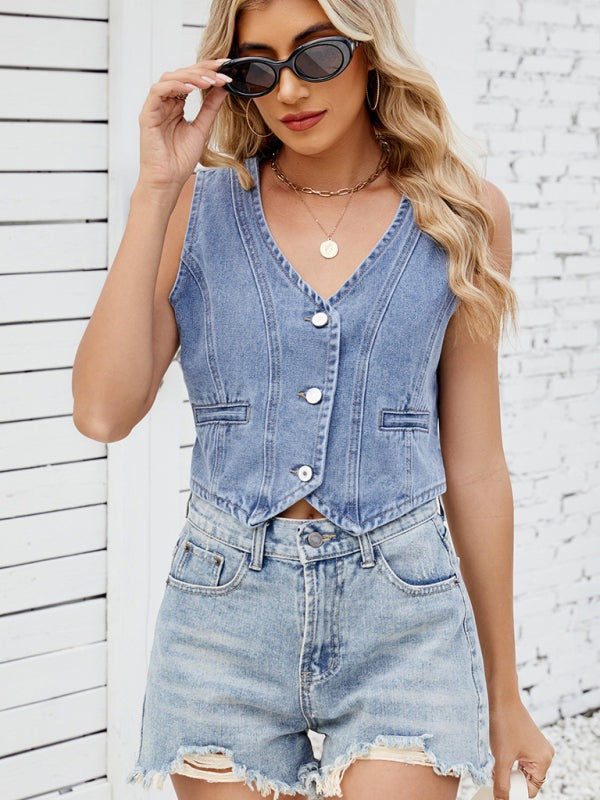 Denim Vests - Casual Cropped Denim Vest - Essential Women's Outerwear
