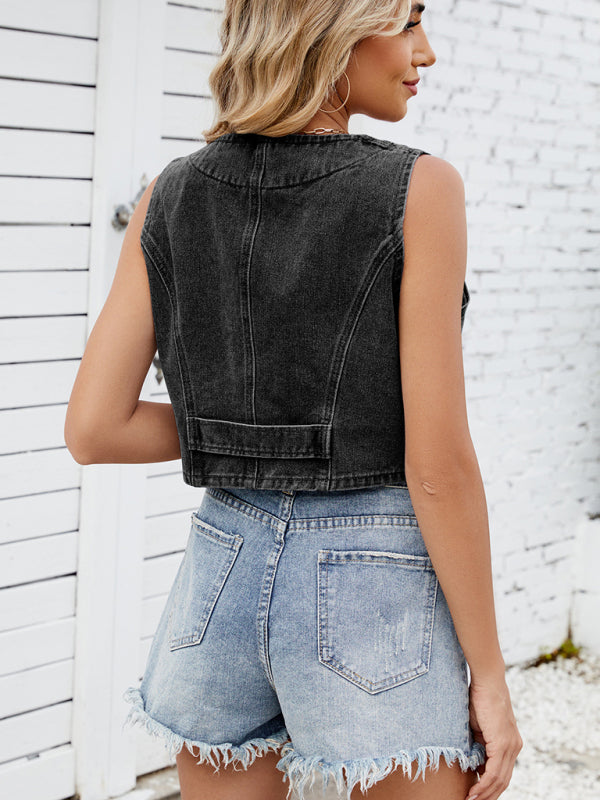 Denim Vests - Casual Cropped Denim Vest - Essential Women's Outerwear