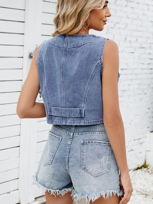 Denim Vests - Casual Cropped Denim Vest - Essential Women's Outerwear