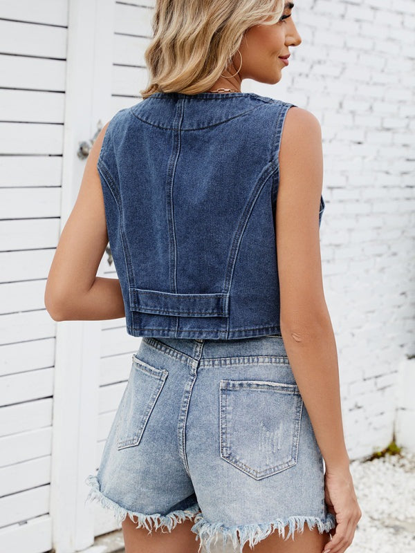 Denim Vests - Casual Cropped Denim Vest - Essential Women's Outerwear