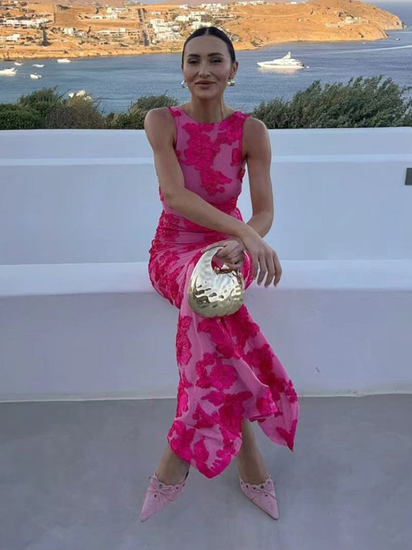 Elegant Dresses - Elegant Pink Floral Dress - Evening Cocktail Gown