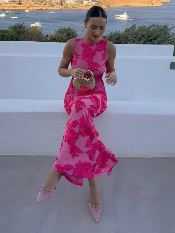 Elegant Dresses - Elegant Pink Floral Dress - Evening Cocktail Gown