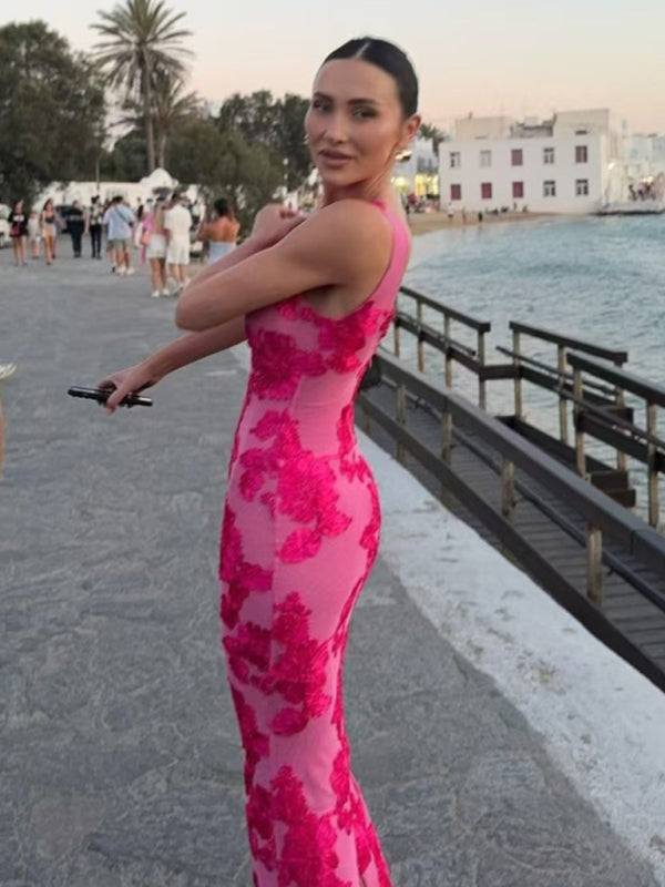 Elegant Dresses - Elegant Pink Floral Dress - Evening Cocktail Gown