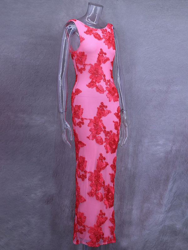 Elegant Dresses - Elegant Pink Floral Dress - Evening Cocktail Gown