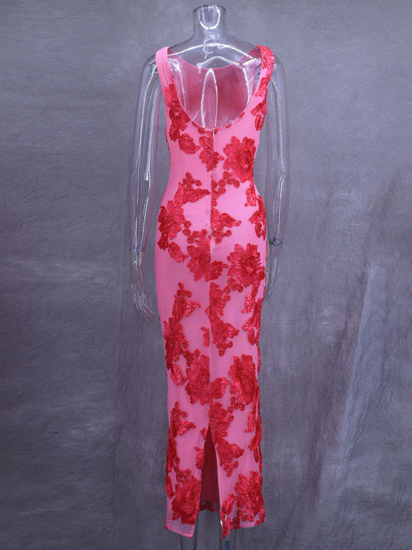 Elegant Dresses - Elegant Pink Floral Dress - Evening Cocktail Gown