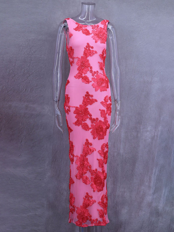 Elegant Dresses - Elegant Pink Floral Dress - Evening Cocktail Gown