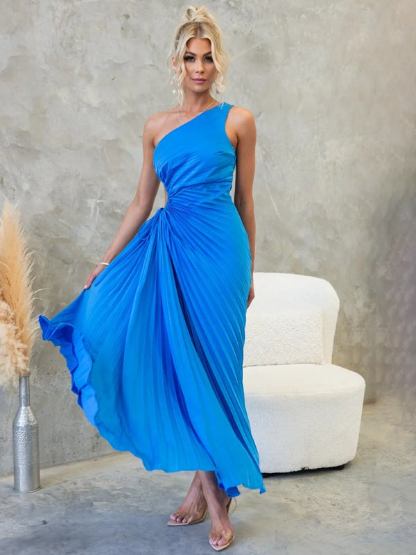 Elegant Dresses - Elegant Pleated Maxi Dress with Asymmetrical Neckline