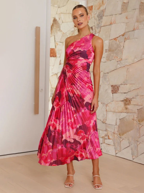 Elegant Dresses - Elegant Pleated Maxi Dress with Asymmetrical Neckline