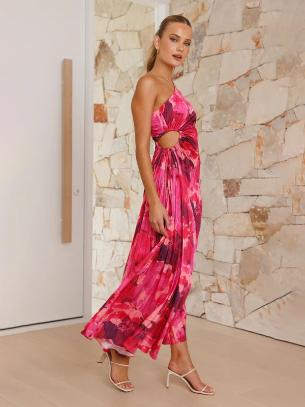 Elegant Dresses - Elegant Pleated Maxi Dress with Asymmetrical Neckline