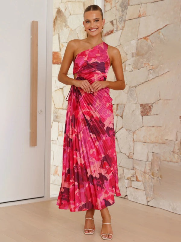 Elegant Dresses - Elegant Pleated Maxi Dress with Asymmetrical Neckline