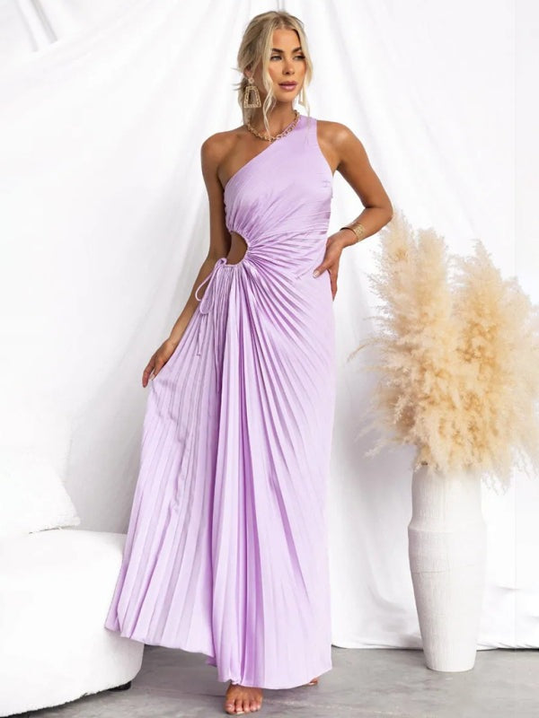 Elegant Dresses - Elegant Pleated Maxi Dress with Asymmetrical Neckline