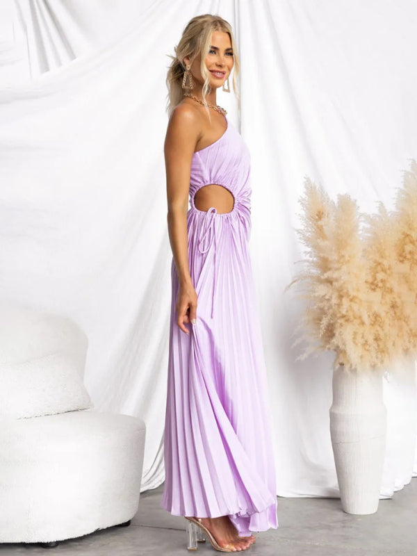 Elegant Dresses - Elegant Pleated Maxi Dress with Asymmetrical Neckline