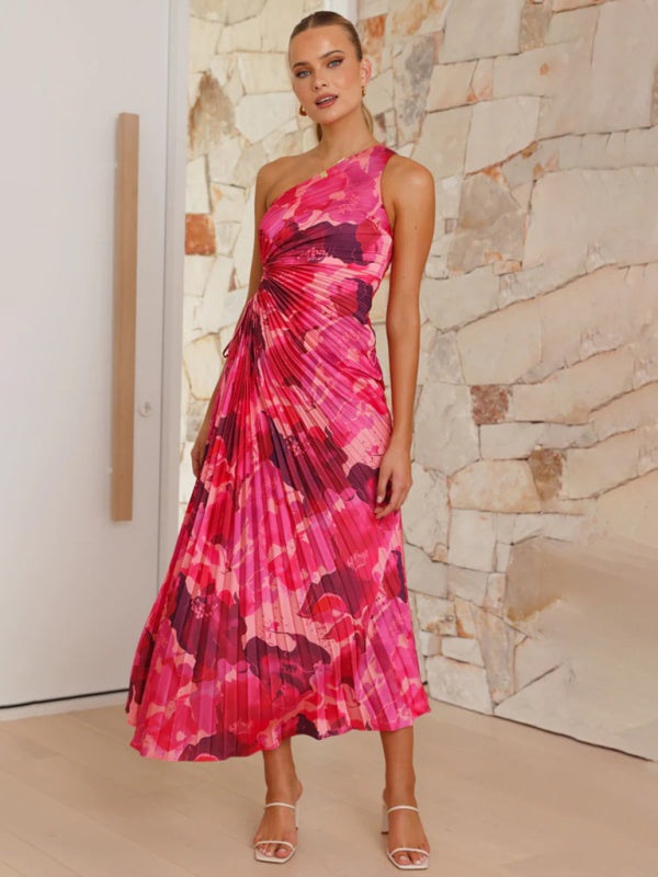 Elegant Dresses - Elegant Pleated Maxi Dress with Asymmetrical Neckline