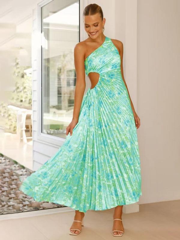Elegant Dresses - Elegant Pleated Maxi Dress with Asymmetrical Neckline