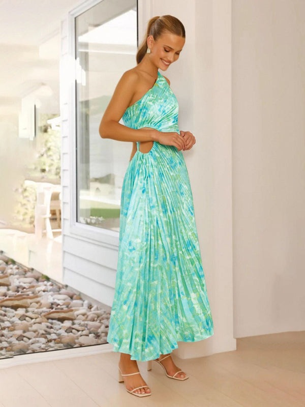 Elegant Dresses - Elegant Pleated Maxi Dress with Asymmetrical Neckline
