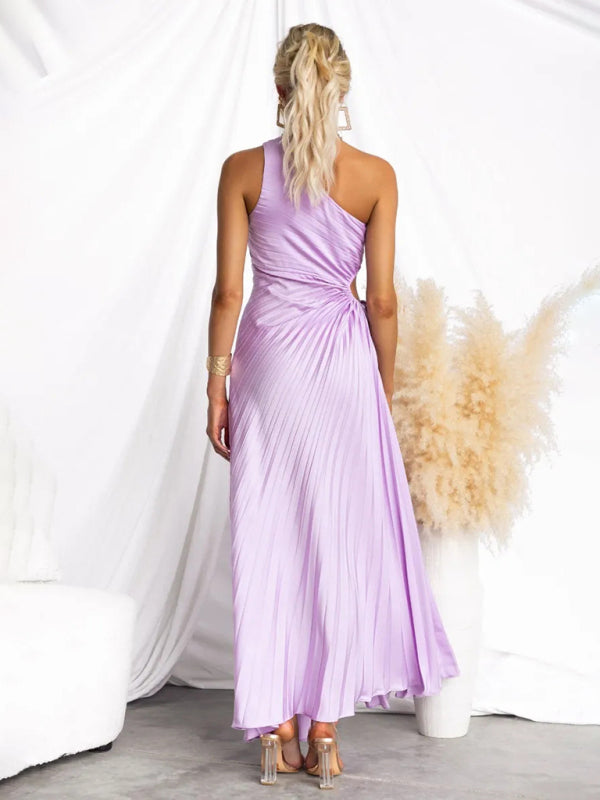 Elegant Dresses - Elegant Pleated Maxi Dress with Asymmetrical Neckline