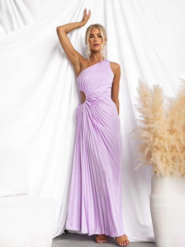 Elegant Dresses - Elegant Pleated Maxi Dress with Asymmetrical Neckline