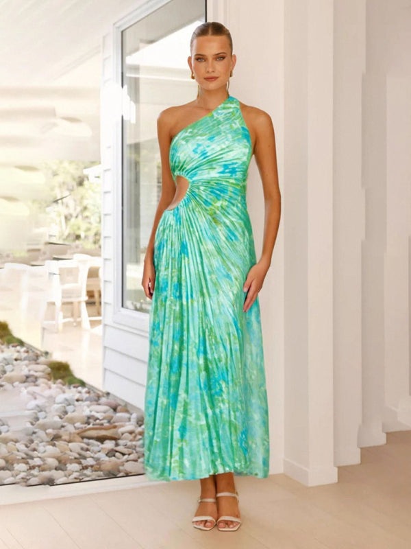 Elegant Dresses - Elegant Pleated Maxi Dress with Asymmetrical Neckline
