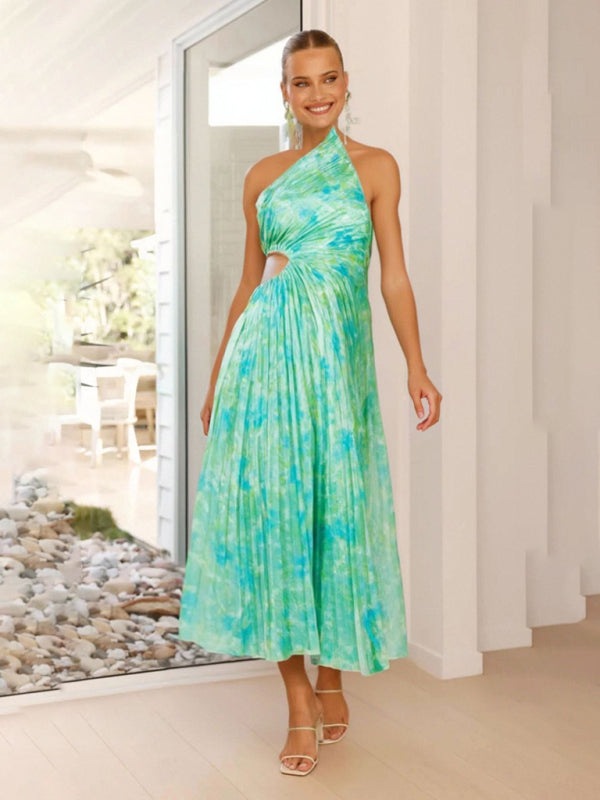 Elegant Dresses - Elegant Pleated Maxi Dress with Asymmetrical Neckline