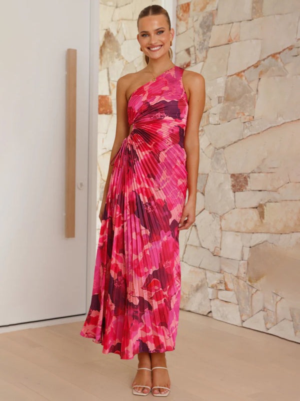 Elegant Dresses - Elegant Pleated Maxi Dress with Asymmetrical Neckline
