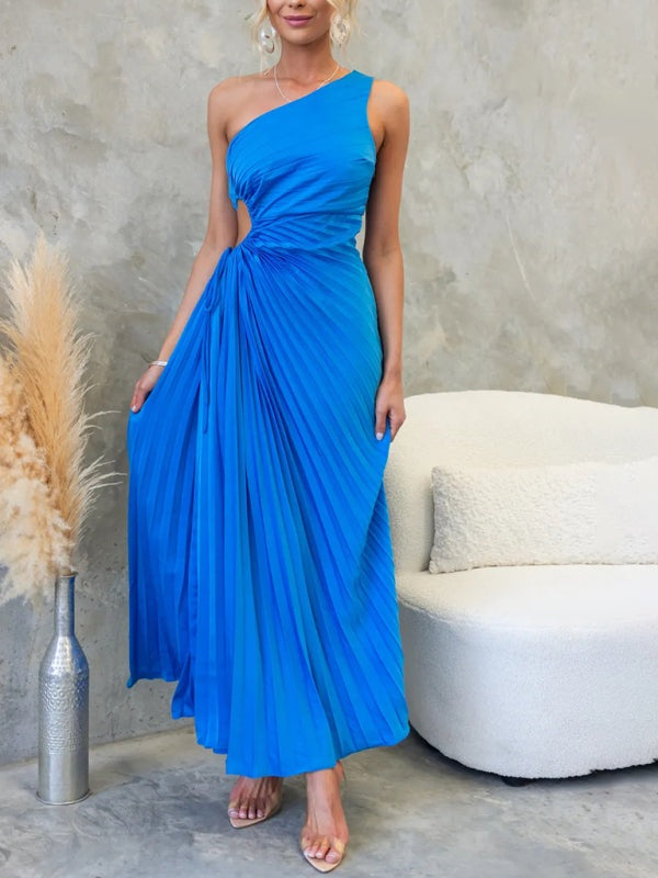 Elegant Dresses - Elegant Pleated Maxi Dress with Asymmetrical Neckline