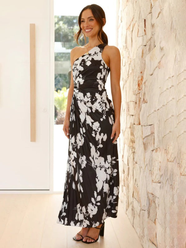 Elegant Dresses - Elegant Pleated Maxi Dress with Asymmetrical Neckline