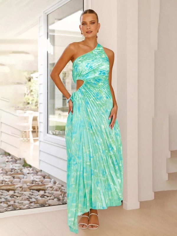 Elegant Dresses - Elegant Pleated Maxi Dress with Asymmetrical Neckline