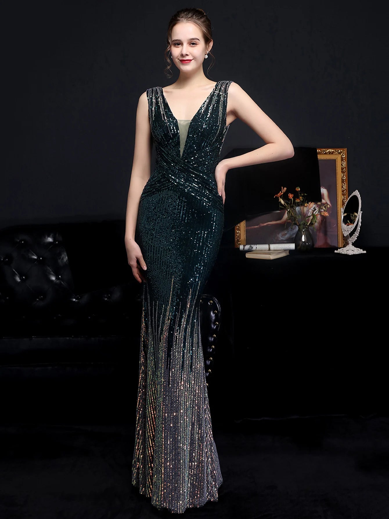 Evening Gown - Red Carpet Ready Sequin Mermaid Floor Length Dress