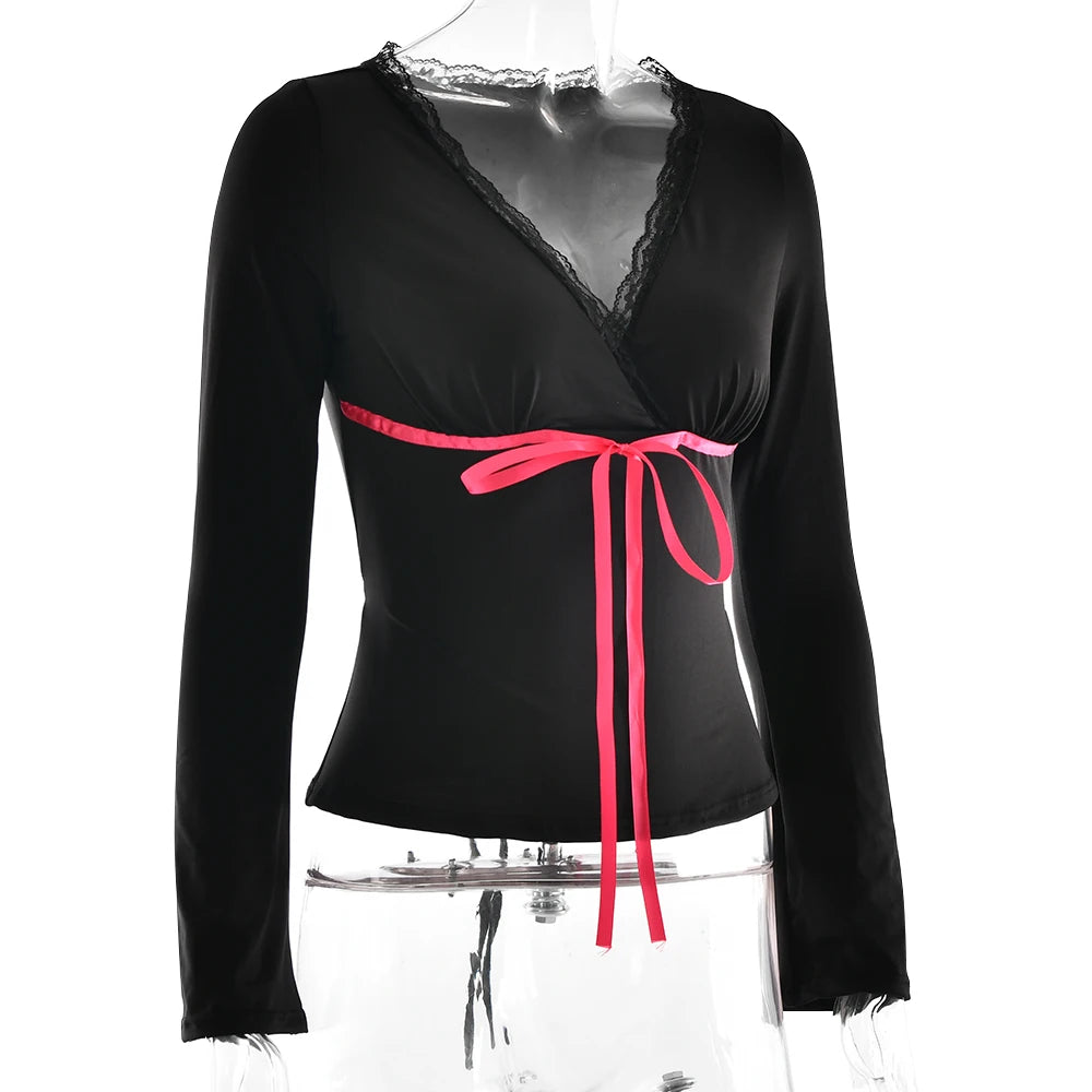 Fall Tops - Lace Ribbon Flare Sleeve Top