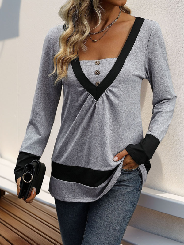 Fall Tops- Women V-Neck Color Block Fall Top- - Pekosa Women Fashion