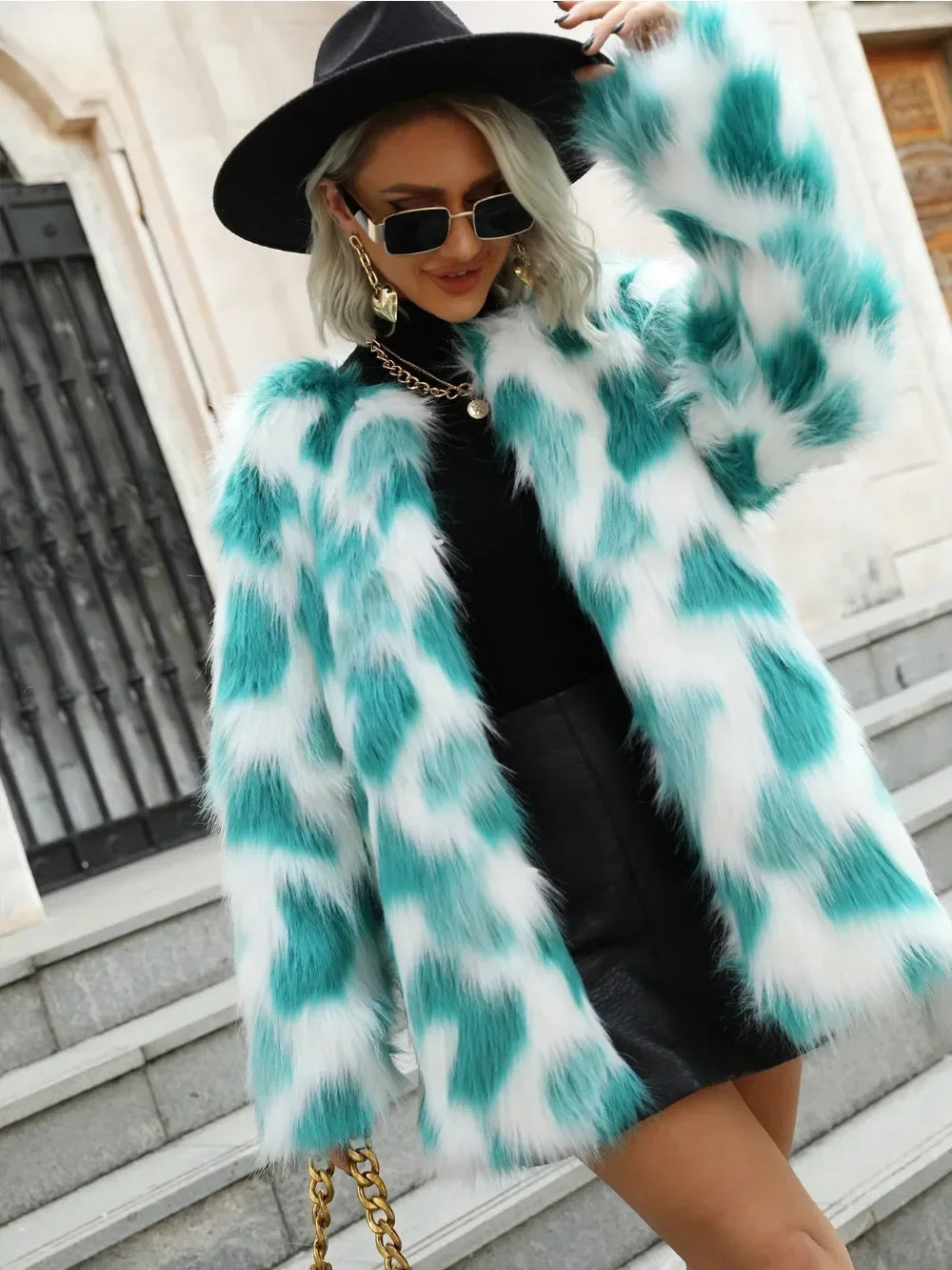 Faux Fur Jackets - Teal Stripe Faux Fur Coat - Winter Chic