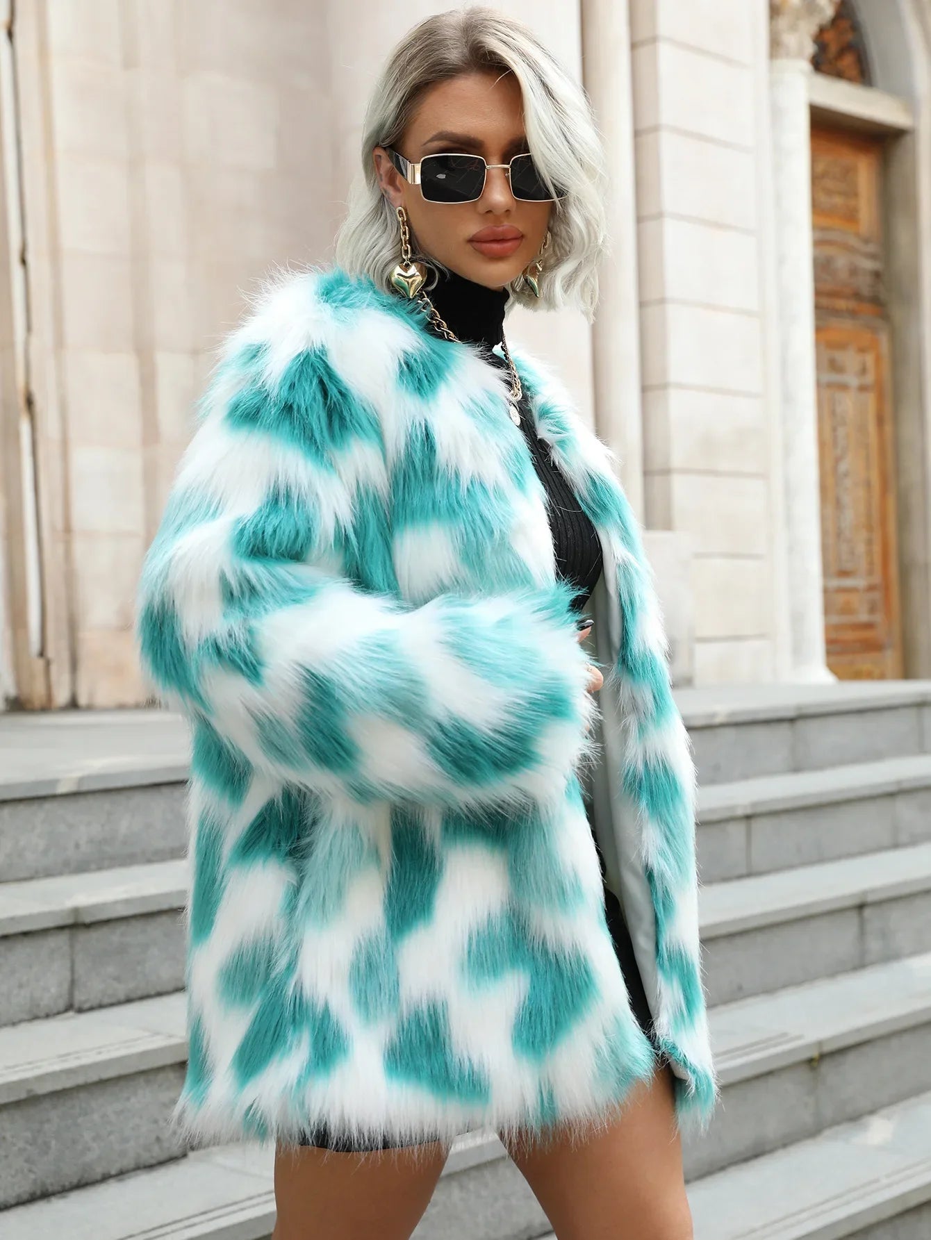 Faux Fur Jackets - Teal Stripe Faux Fur Coat - Winter Chic