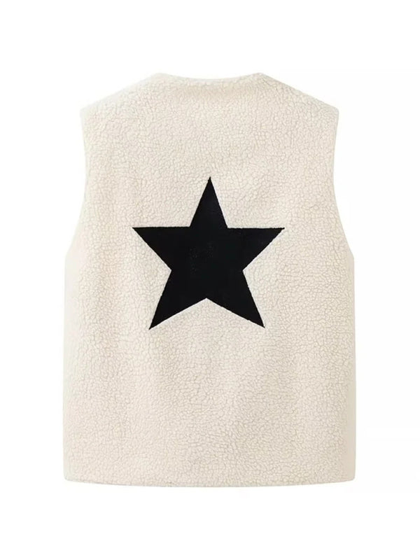 Fleece Vests - Cream Fleece Vest with Star Detail for Effortless Layering