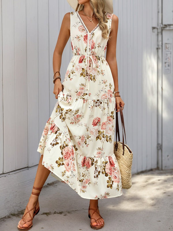 Floral Dresses - Casual Floral A-Line Dress with Ruffle Details