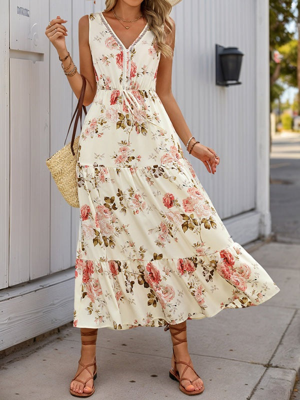 Floral Dresses - Casual Floral A-Line Dress with Ruffle Details