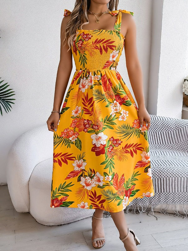 Floral Dresses - Casual Tropical Floral Midi Dress for Weekend Wear
